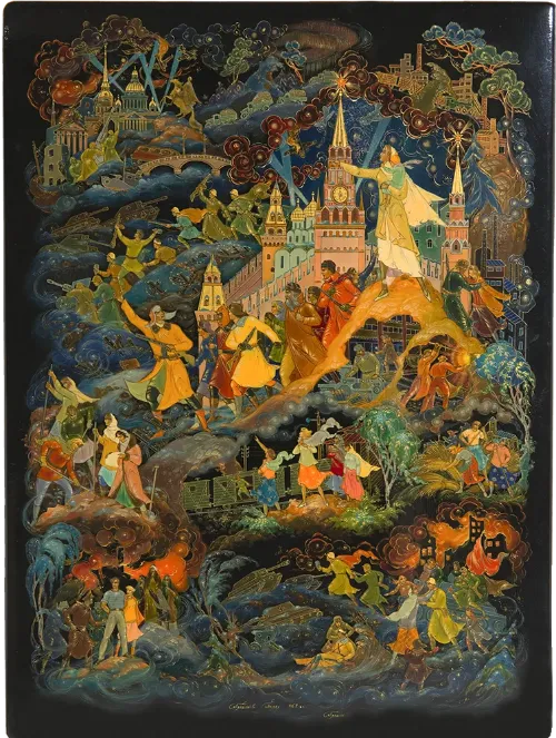 О.А. Платонов. Шкатулка «Вставай, страна огромная». 1967 г. Ивановская обл., пос. Палех. Папье-маше, миниатюрная живопись